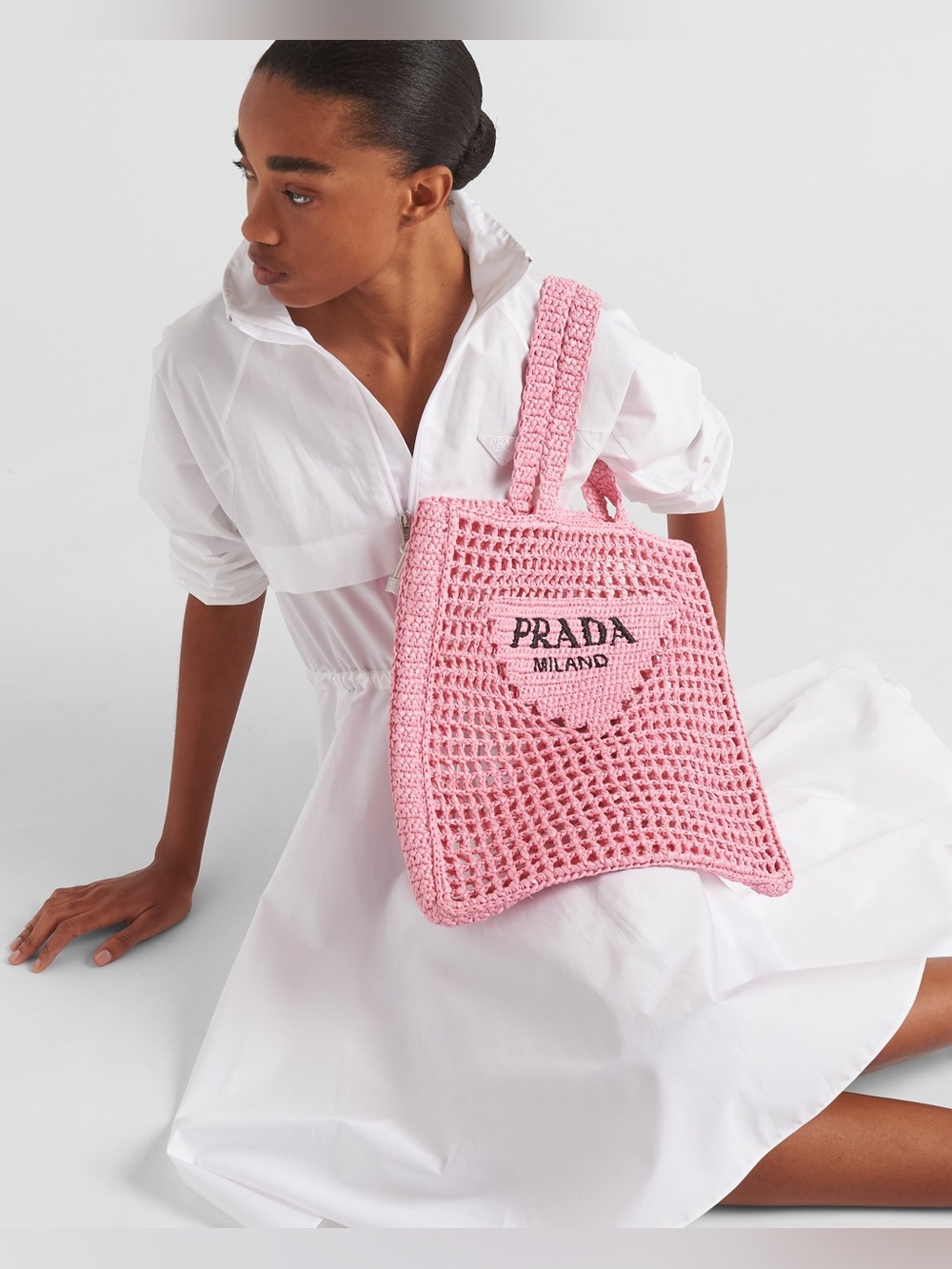 💓NWT Prada Raffia Tote Shopping Bag Beach Purse Crochet Shoulder Triangle Logo - Picture 7 of 11